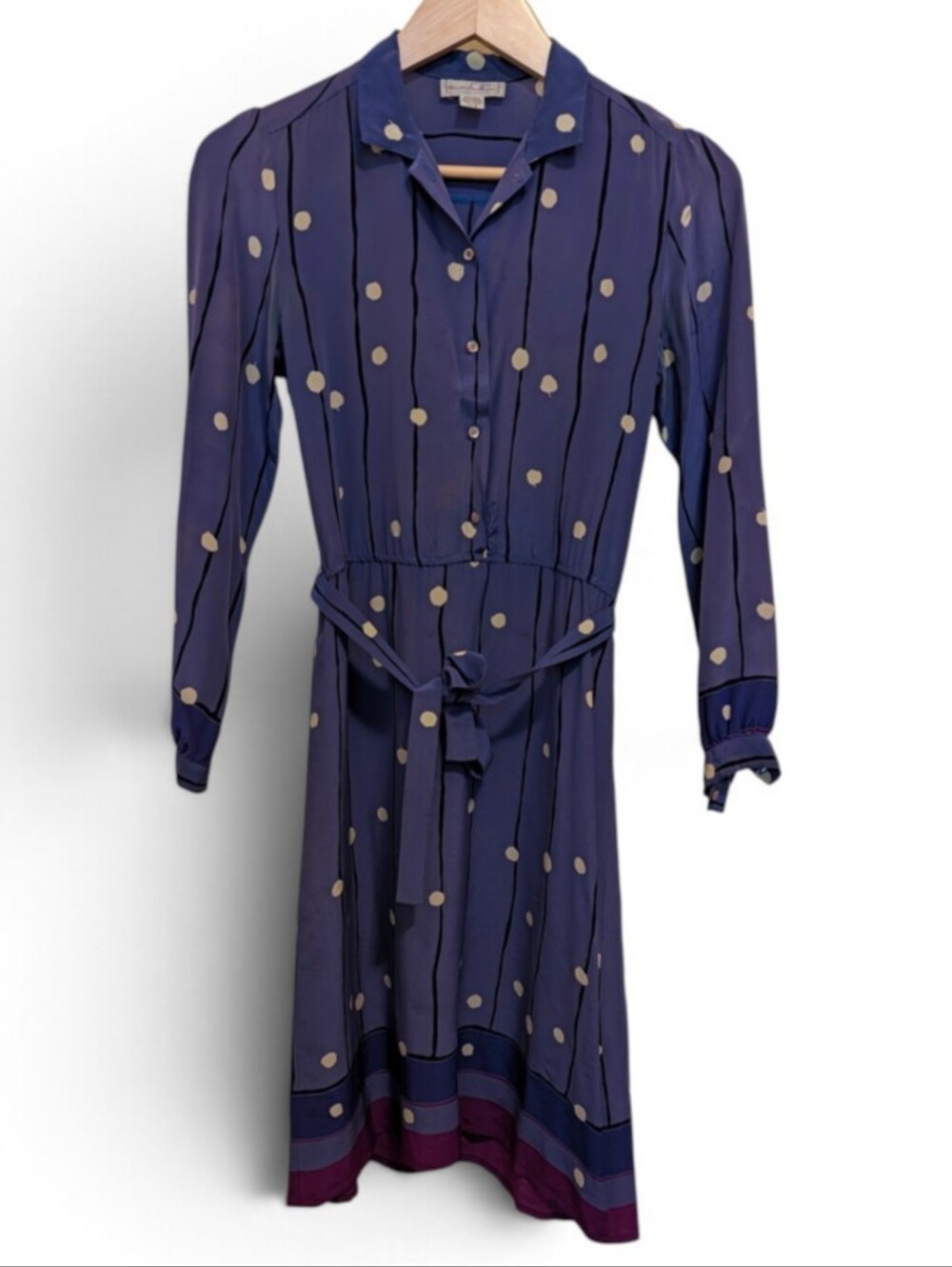 Vintage Blue Polka Dot Button-Front Shirt Silk Dress
